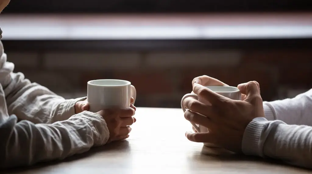 Twi people facing each other holding coffee cups
