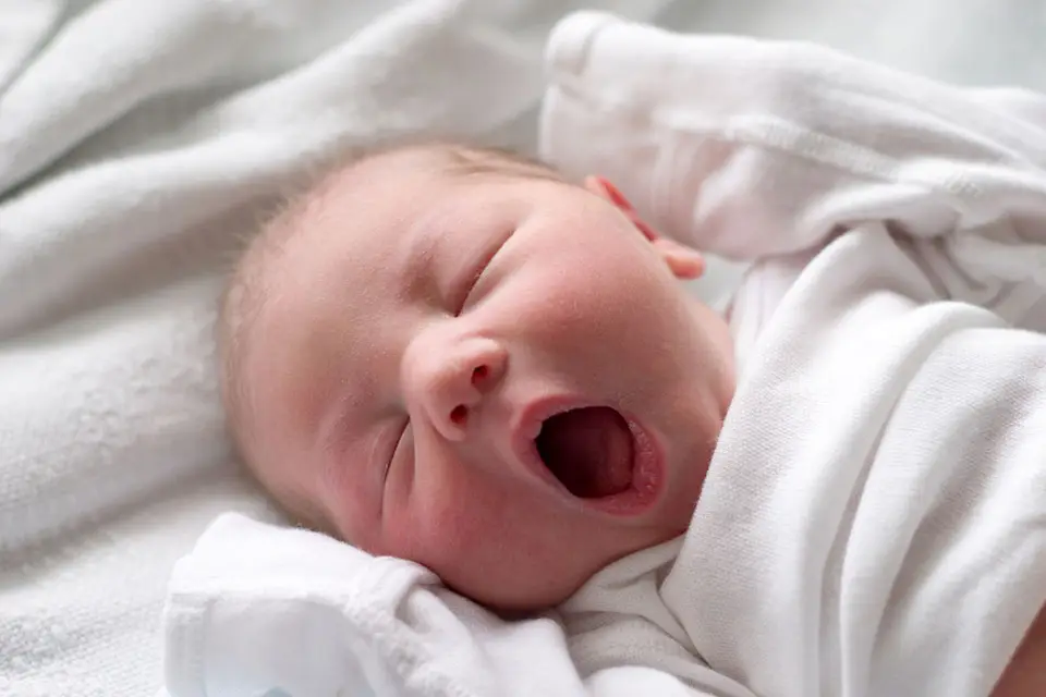 Infant lays in crib yawning