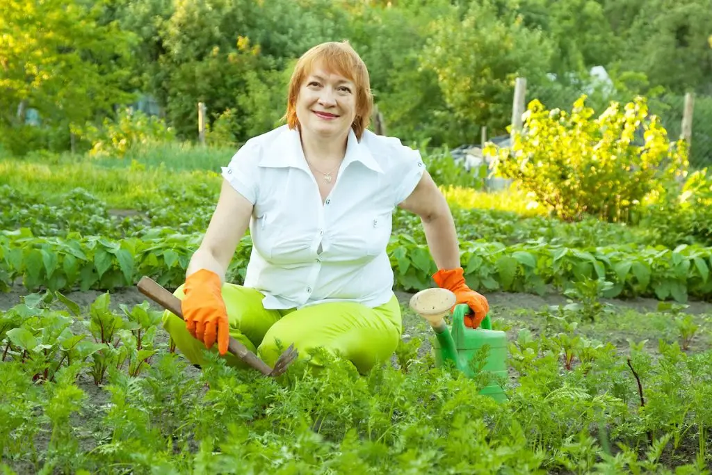 Older lady crouching in her garden